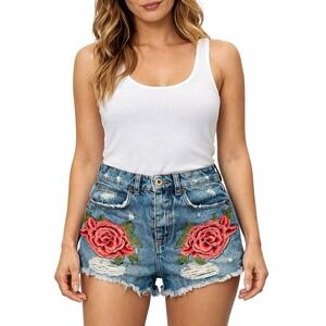 ZARA Trafaluc High Rise Denim Shorts Rose Applique XS Button Fly Distressed